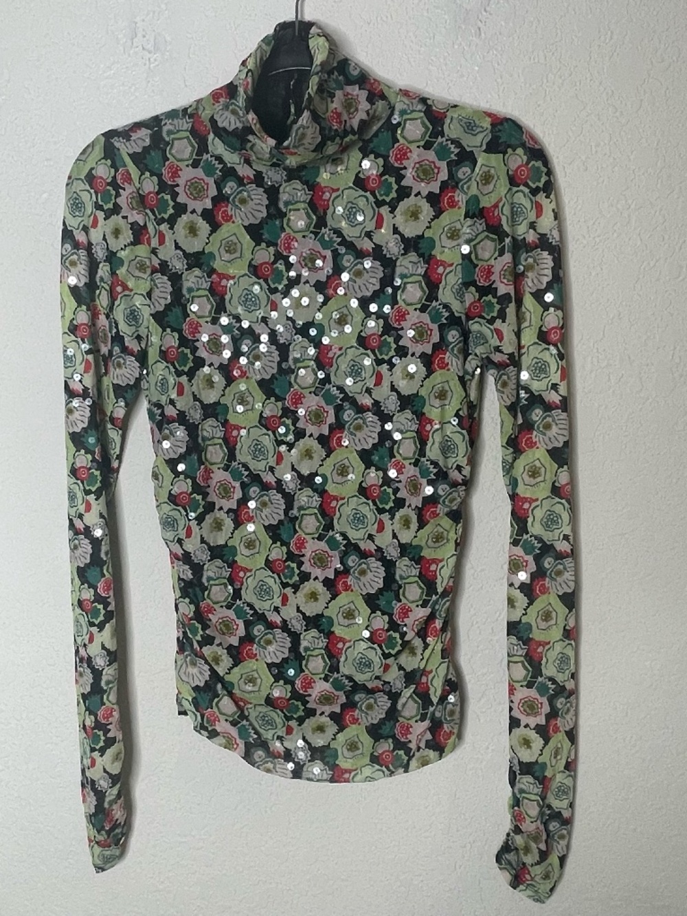 Cinq a Sept Long Sleeve Sequin Mesh Top Size S Floral Ruched High Neck Glam Mult